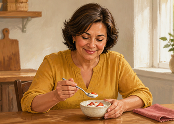 Mujer adulta sonriente comiendo un cuenco de yogur con fresas, sentada a una mesa de cocina mientras sostiene una cuchara con una pequeña porción.
