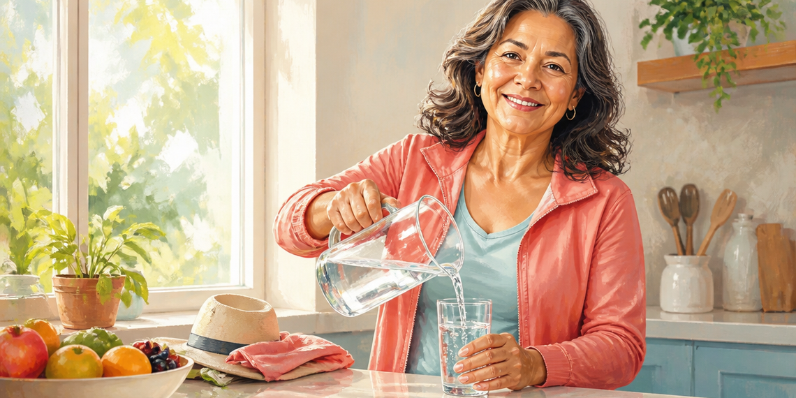 Mujer adulta sirviendo agua de una jarra de vidrio en un vaso dentro de una cocina luminosa, con frutas frescas y plantas alrededor.