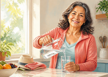 Mujer adulta sirviendo agua de una jarra de vidrio en un vaso dentro de una cocina luminosa, con frutas frescas y plantas alrededor.