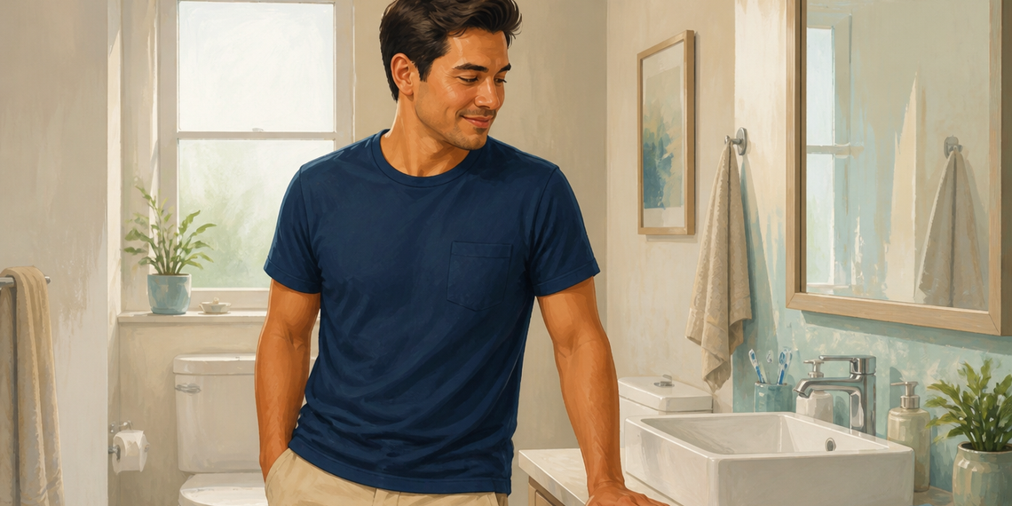 Hombre joven con camiseta azul marino permanece de pie junto al lavabo de un baño luminoso, con una mano apoyada sobre la encimera y la mirada dirigida hacia abajo.