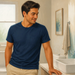 Hombre joven con camiseta azul marino permanece de pie junto al lavabo de un baño luminoso, con una mano apoyada sobre la encimera y la mirada dirigida hacia abajo.