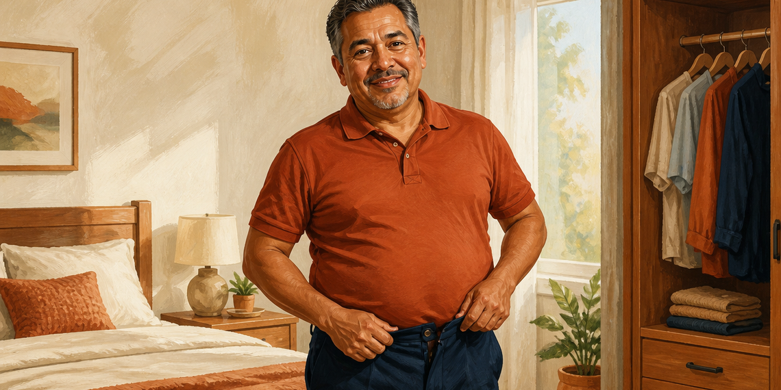 Hombre de mediana edad sonriente ajustándose la cintura de un pantalón azul oscuro en un dormitorio luminoso, con ambas manos sujetando la cinturilla.