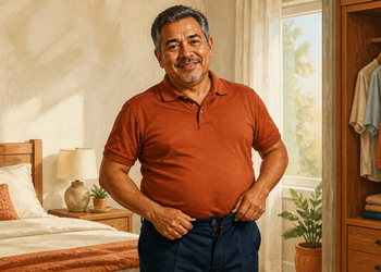 Hombre de mediana edad sonriente ajustándose la cintura de un pantalón azul oscuro en un dormitorio luminoso, con ambas manos sujetando la cinturilla.