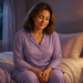 Mujer adulta sentada en el borde de una cama durante la noche, con las manos entrelazadas y una expresión serena, junto a una lámpara encendida y una ventana con la luna visible.