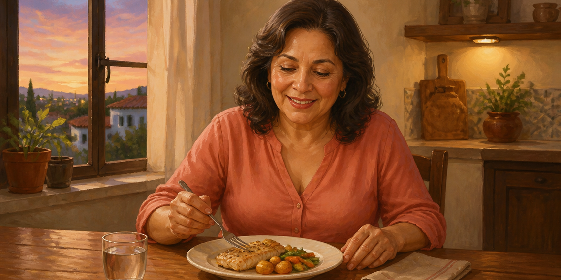 Mujer madura sonriente cena pescado con verduras y patatas en una mesa de cocina al atardecer, junto a un vaso de agua.