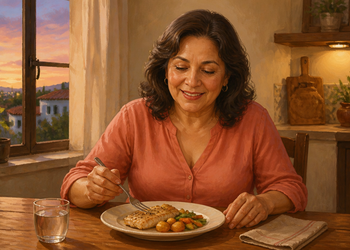Mujer madura sonriente cena pescado con verduras y patatas en una mesa de cocina al atardecer, junto a un vaso de agua.
