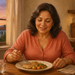 Mujer madura sonriente cena pescado con verduras y patatas en una mesa de cocina al atardecer, junto a un vaso de agua.