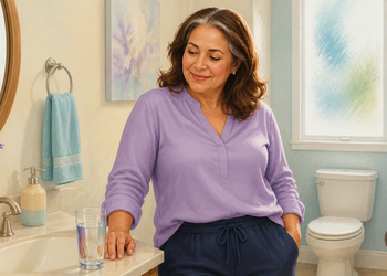 Mujer madura de pie en un baño luminoso, junto al lavabo, mirando un vaso de agua apoyado sobre la encimera.