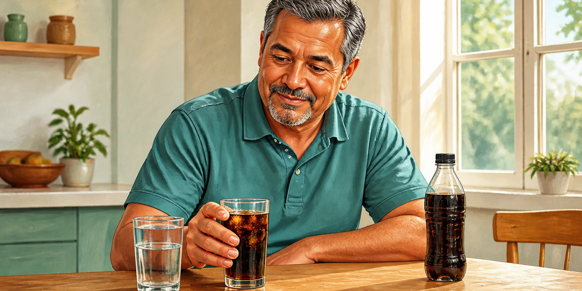 Hombre maduro sentado a la mesa observa un vaso con bebida oscura, junto a una botella del mismo refresco y un vaso de agua, en una cocina luminosa.