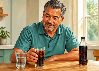Hombre maduro sentado a la mesa observa un vaso con bebida oscura, junto a una botella del mismo refresco y un vaso de agua, en una cocina luminosa.