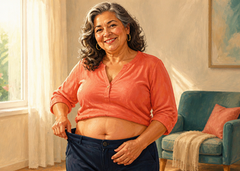 Mujer adulta sonriente mostrando la zona del abdomen mientras sujeta la cintura de un pantalón azul oscuro, de pie en una sala luminosa.
