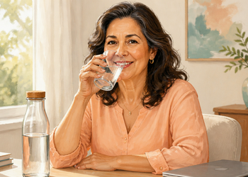 Mujer madura sonriente bebe agua de un vaso transparente, sentada a una mesa con una botella de agua en una habitación luminosa.