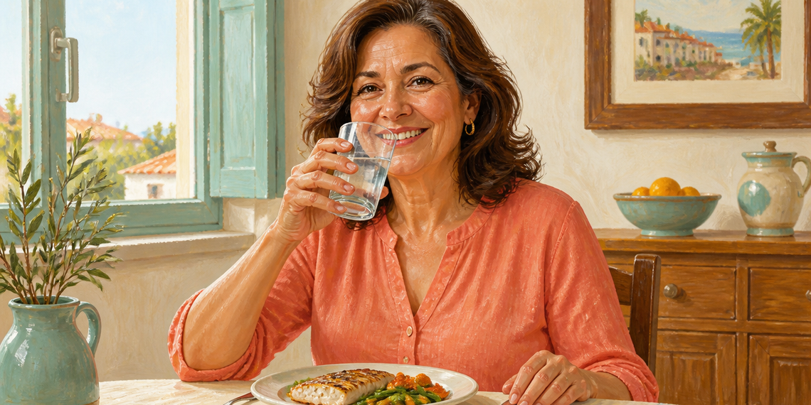 Mujer madura sonriente sostiene un vaso de agua junto a la boca mientras come pescado con verduras en una mesa junto a una ventana luminosa.
