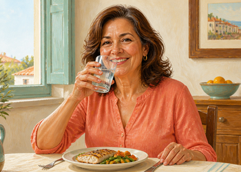 Mujer madura sonriente bebe agua durante una comida, sentada a la mesa con un plato de pescado y verduras en una cocina luminosa.