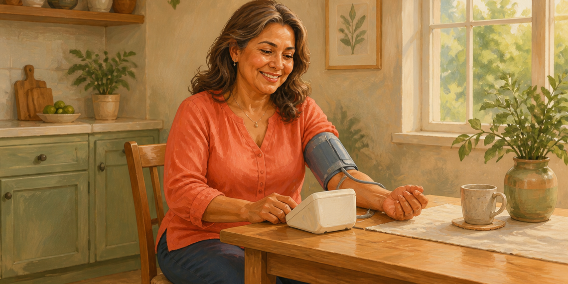 Mujer madura sonriente se mide la tensión arterial en casa con un tensiómetro digital y un manguito colocado en el brazo, sentada a una mesa de cocina.
