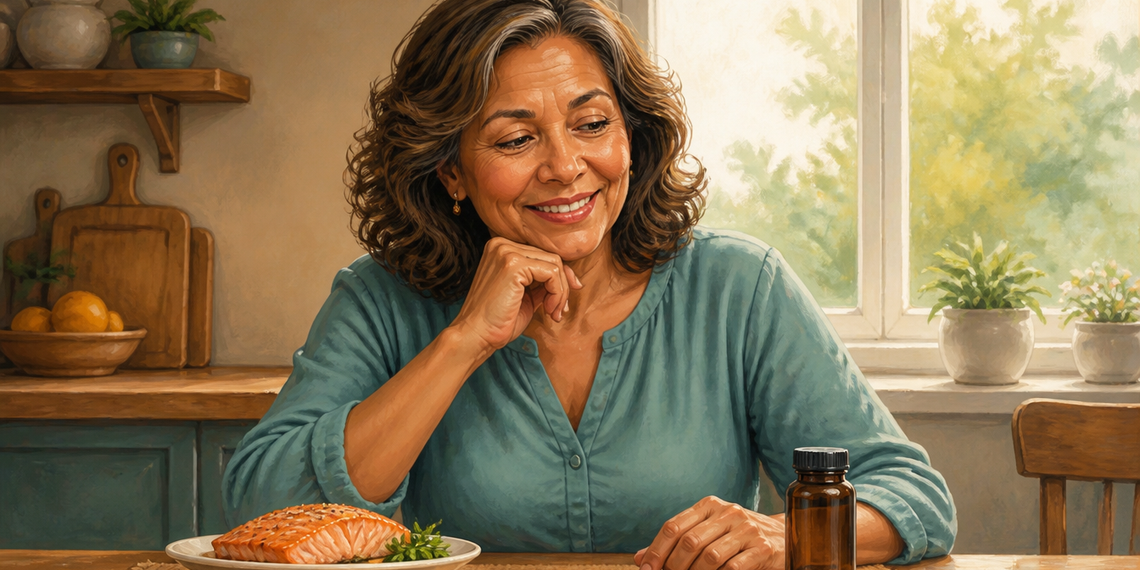 Mujer madura sentada a la mesa junto a un plato con salmón y un frasco de suplemento, en una cocina luminosa.