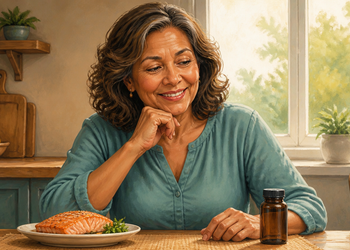 Mujer madura sentada a la mesa junto a un plato con salmón y un frasco de suplemento, en una cocina luminosa.
