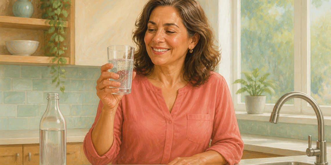 Mujer madura sonriente sostiene un vaso de agua con burbujas en una cocina luminosa, junto a una botella transparente y un grifo.