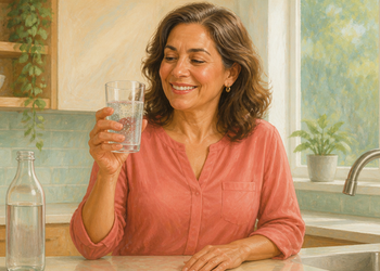 Mujer madura sonriente sostiene un vaso de agua con burbujas en una cocina luminosa, junto a una botella transparente y un grifo.