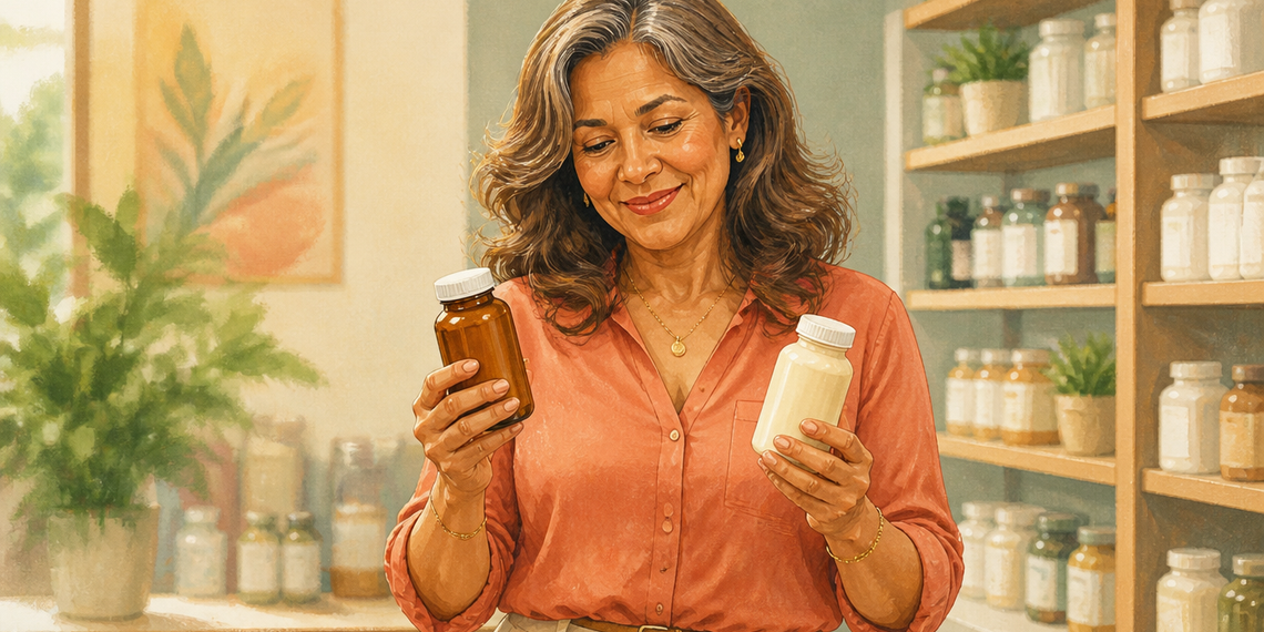 Mujer madura sonriente compara dos frascos de suplementos de magnesio, uno marrón y otro blanco, frente a estanterías con distintos productos.