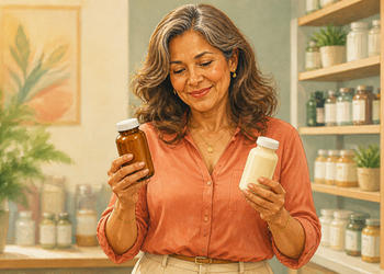 Mujer madura sonriente compara dos frascos de suplementos de magnesio, uno marrón y otro blanco, frente a estanterías con distintos productos.