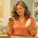 Mujer madura sonriente compara dos frascos de suplementos de magnesio, uno marrón y otro blanco, frente a estanterías con distintos productos.