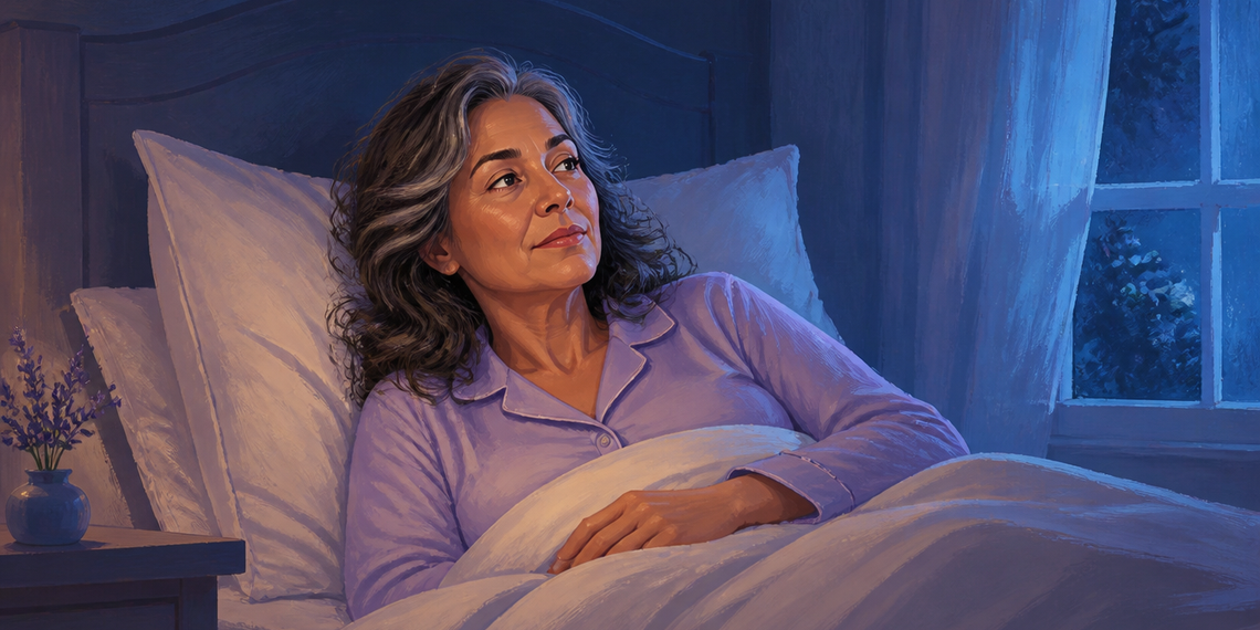 Mujer madura despierta en la cama durante la madrugada, mirando hacia la ventana mientras permanece recostada entre almohadas y sábanas blancas.
