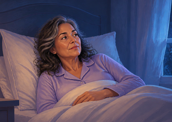 Mujer madura despierta en la cama durante la madrugada, mirando hacia la ventana mientras permanece recostada entre almohadas y sábanas blancas.