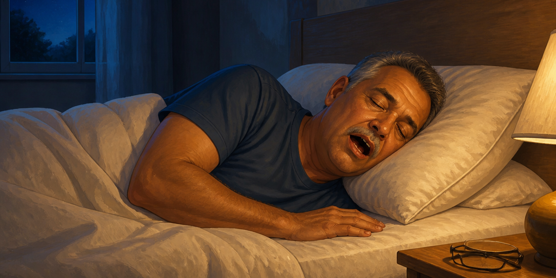 Hombre mayor duerme de lado con la boca abierta sobre una almohada, en un dormitorio nocturno iluminado por una lámpara junto a la cama.