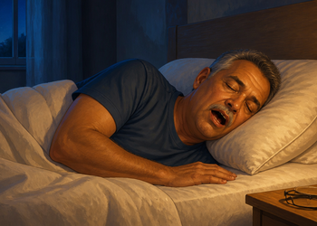 Hombre mayor duerme de lado con la boca abierta sobre una almohada, en un dormitorio nocturno iluminado por una lámpara junto a la cama.
