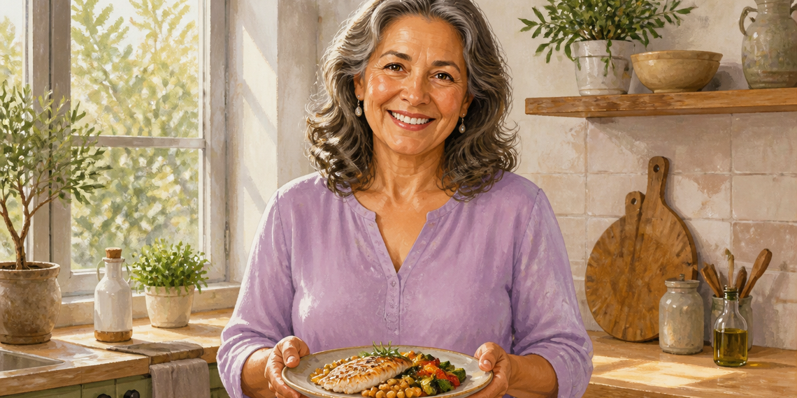 Mujer mayor sonriente sostiene un plato con pescado, garbanzos y verduras en una cocina luminosa, alimentos relacionados con el aporte de zinc, selenio y yodo.
