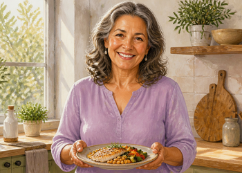 Mujer mayor sonriente sostiene un plato con pescado, garbanzos y verduras en una cocina luminosa, alimentos relacionados con el aporte de zinc, selenio y yodo.