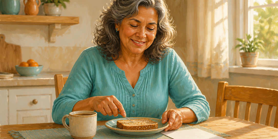Mujer mayor sonriente desayuna una tostada y una taza de café en una cocina luminosa, escena relacionada con la analítica de colesterol sin ayuno.