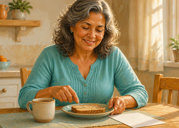 Mujer mayor sonriente desayuna una tostada y una taza de café en una cocina luminosa, escena relacionada con la analítica de colesterol sin ayuno.