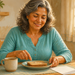 Mujer mayor sonriente desayuna una tostada y una taza de café en una cocina luminosa, escena relacionada con la analítica de colesterol sin ayuno.