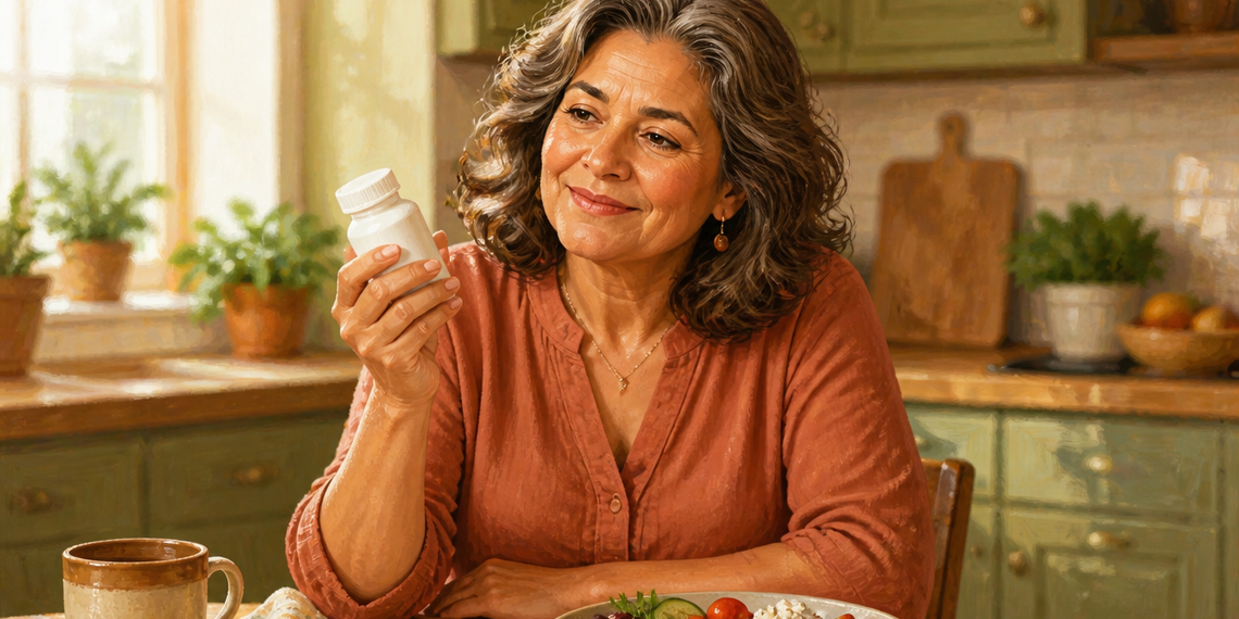 Mujer mayor observando un frasco blanco de suplementos mientras está sentada ante un plato con verduras, legumbres y otros alimentos en una cocina luminosa.