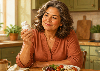 Mujer mayor observando un frasco blanco de suplementos mientras está sentada ante un plato con verduras, legumbres y otros alimentos en una cocina luminosa.