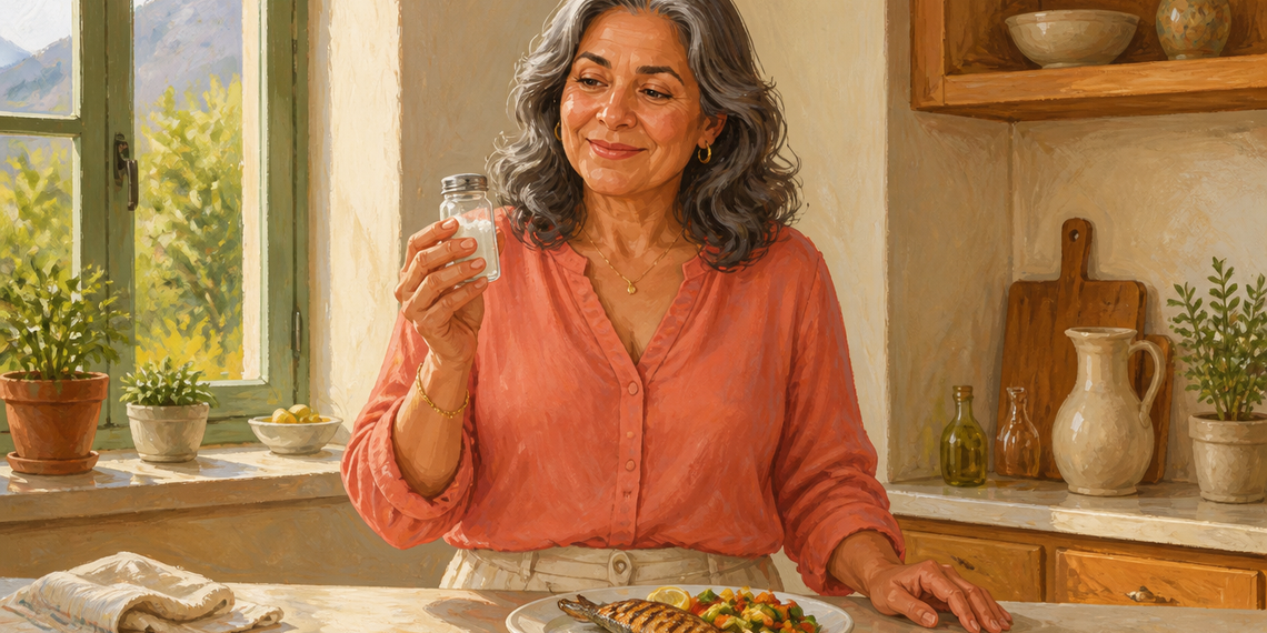 Mujer mayor sonriente sostiene un pequeño salero de cristal junto a un plato de pescado a la plancha con verduras, en una cocina luminosa.