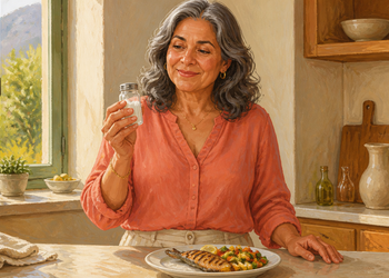 Mujer mayor sonriente sostiene un pequeño salero de cristal junto a un plato de pescado a la plancha con verduras, en una cocina luminosa.