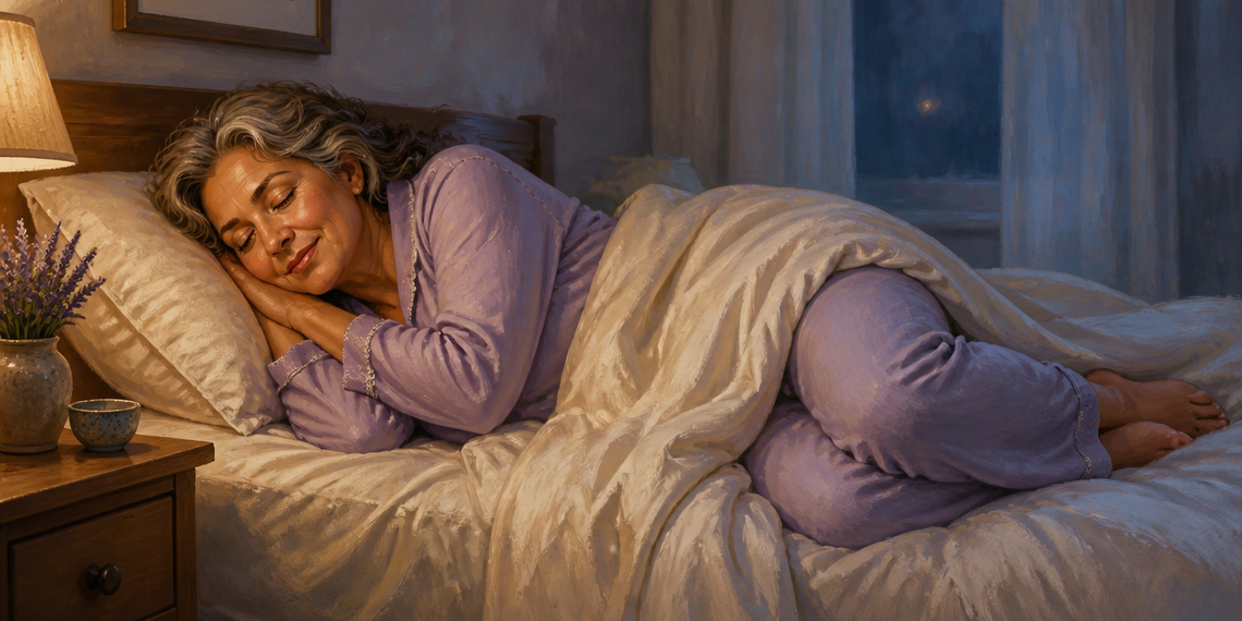 Mujer mayor con pijama lila duerme de lado, con la cabeza apoyada sobre una almohada y las piernas flexionadas bajo un edredón blanco.