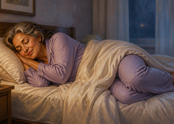 Mujer mayor con pijama lila duerme de lado, con la cabeza apoyada sobre una almohada y las piernas flexionadas bajo un edredón blanco.