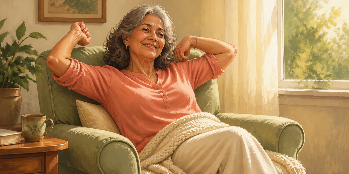 Mujer mayor sonriente se estira en un sillón verde junto a una ventana iluminada por el sol, con una manta sobre las piernas después de descansar.