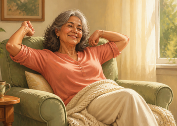 Mujer mayor sonriente se estira en un sillón verde junto a una ventana iluminada por el sol, con una manta sobre las piernas después de descansar.