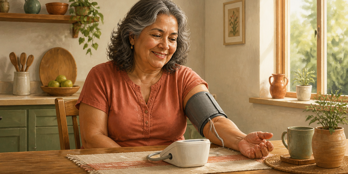 Mujer mayor sonriente se mide la tensión arterial en casa con un tensiómetro digital, sentada a una mesa con el manguito colocado en el brazo y el antebrazo apoyado.