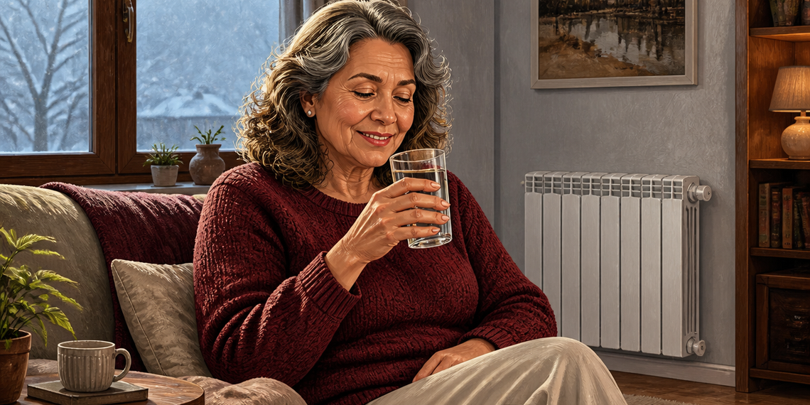 Mujer mayor con jersey burdeos sostiene un vaso de agua mientras descansa en un sofá, junto a un radiador encendido en una sala de estar durante el invierno.