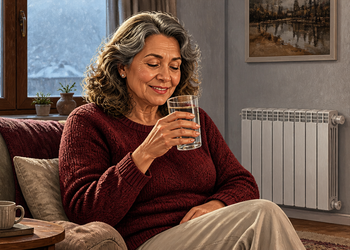 Mujer mayor con jersey burdeos sostiene un vaso de agua mientras descansa en un sofá, junto a un radiador encendido en una sala de estar durante el invierno.