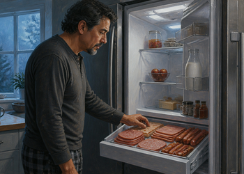 Hombre adulto observa un cajón del frigorífico lleno de salchichas, embutidos y otras carnes procesadas mientras toma una porción con la mano.
