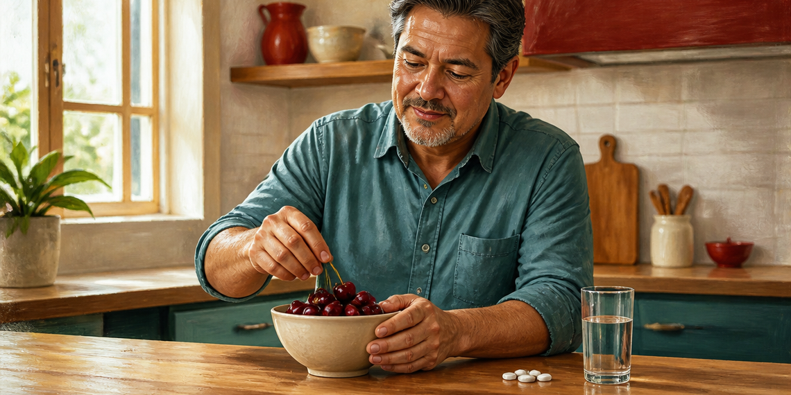 Hombre mayor sosteniendo un cuenco de cerezas en la cocina, con varios comprimidos y un vaso de agua sobre la mesa.