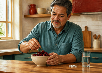 Hombre mayor sosteniendo un cuenco de cerezas en la cocina, con varios comprimidos y un vaso de agua sobre la mesa.