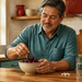 Hombre mayor sosteniendo un cuenco de cerezas en la cocina, con varios comprimidos y un vaso de agua sobre la mesa.